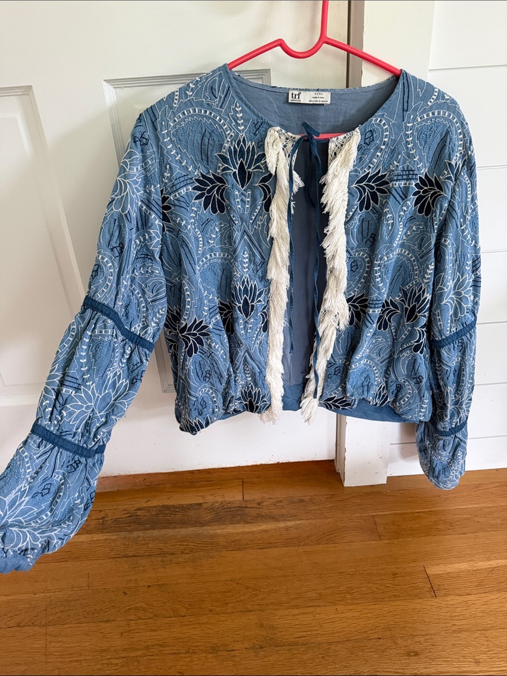 Zara Blue Embroidered Fringe Tie-Front Jacket